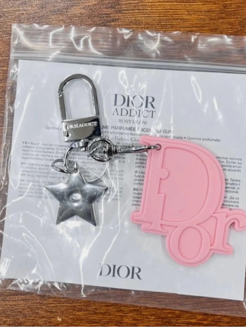 Dior Pink Logo Charm Keyring with Silver Star Accent